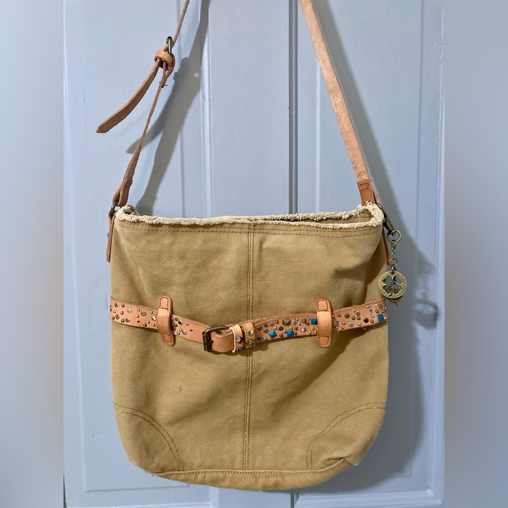 Yellow Lucky Brand Canvas Leather Trim Shoulder Purse